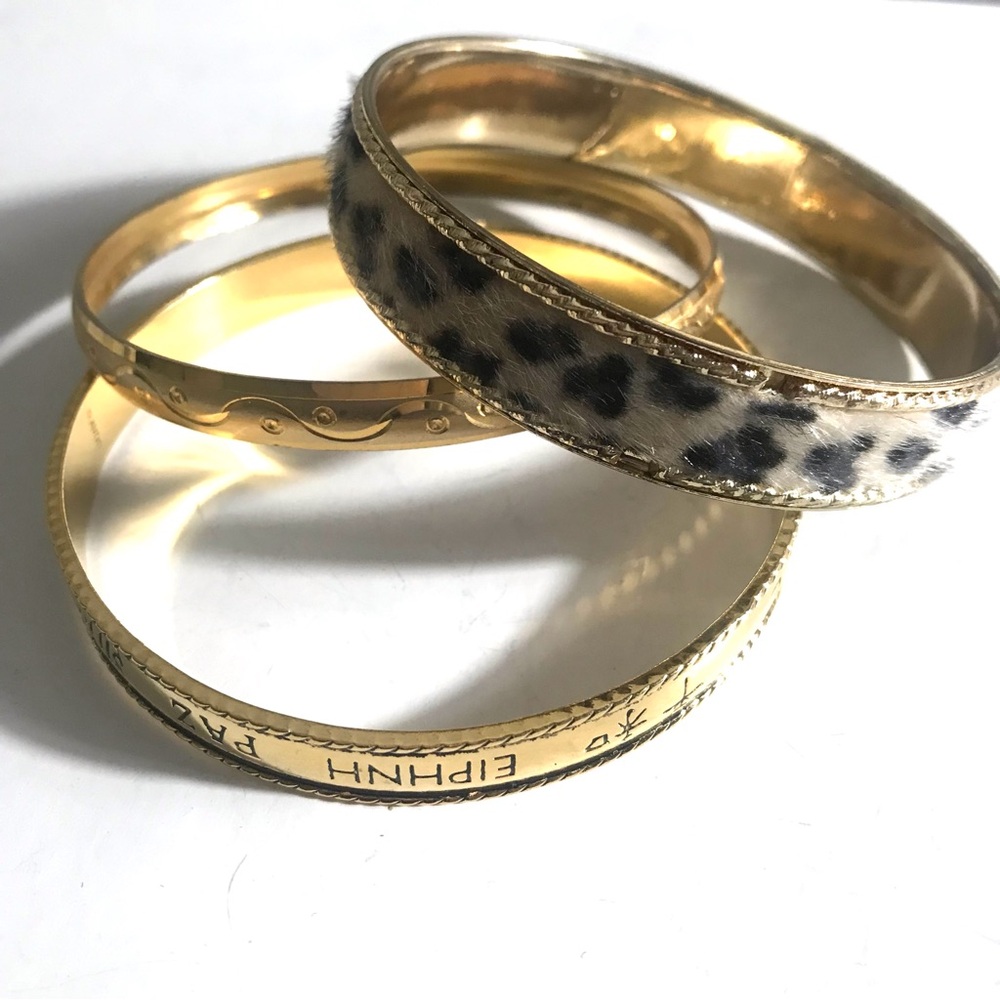 3pc Gold-Tone Leopard Print and Polished Bangle Bracelet Set - Women Jewelry